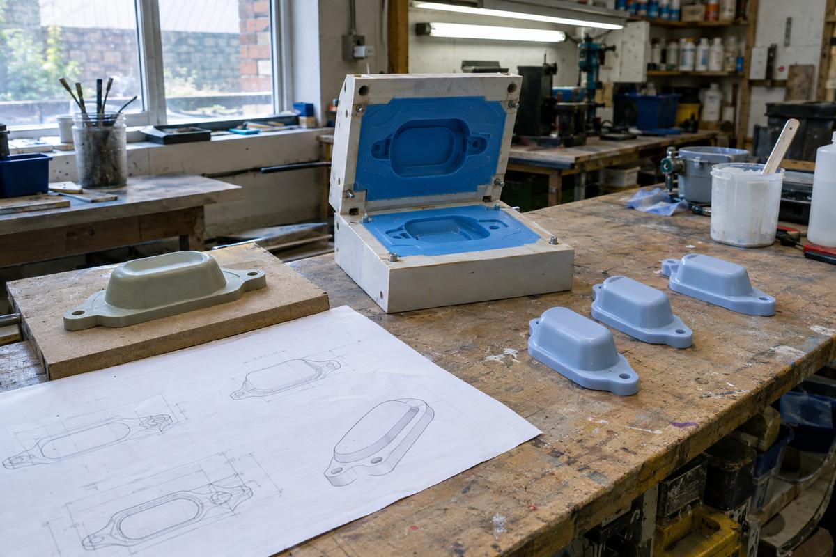 Pattern, silicone tool and first-off parts arranged in job sequence