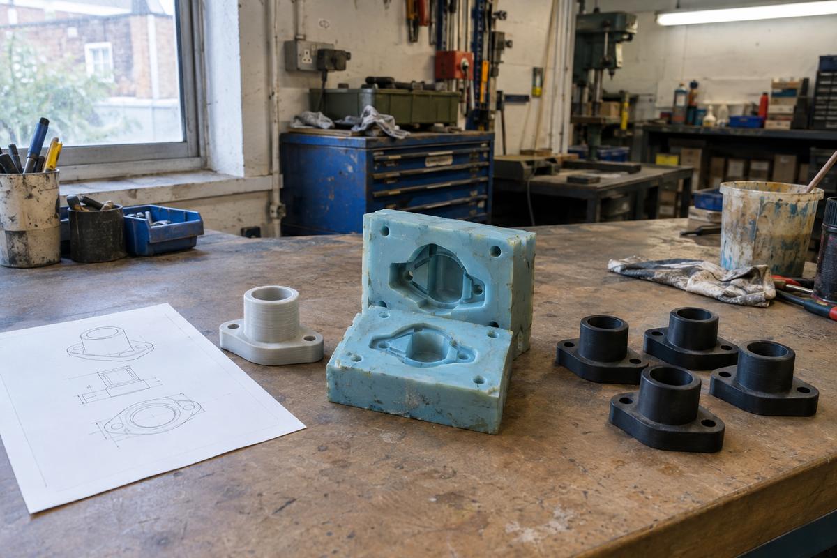 Drawing, printed prototype, one-off mould and small batch parts