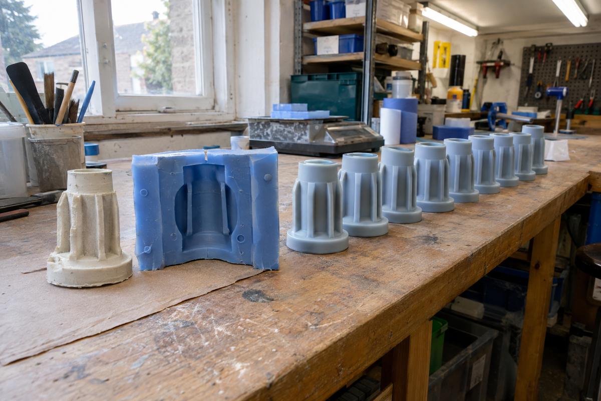 Prototype, mould and repeated finished parts showing scale-up path