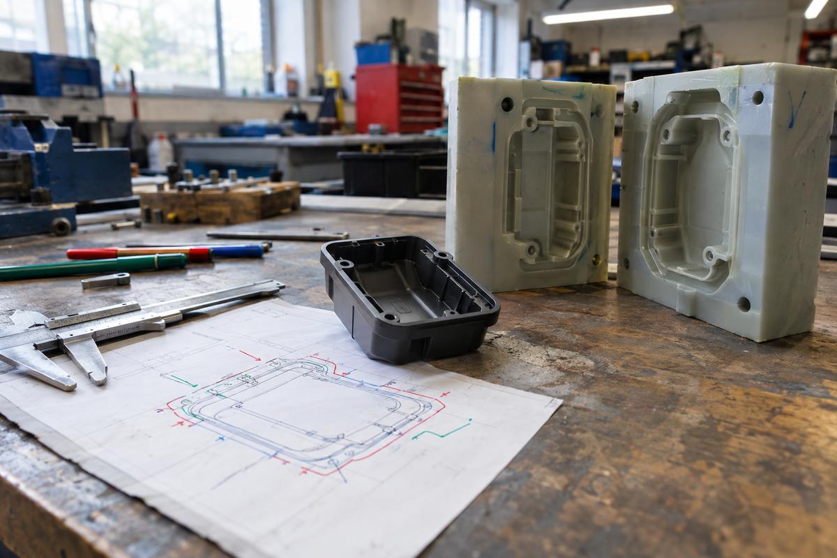 Drawing, sample part and tool used for a practical DFM review