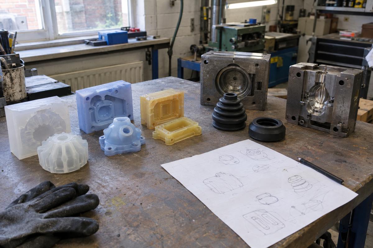 Different moulded material samples and tool types compared on bench