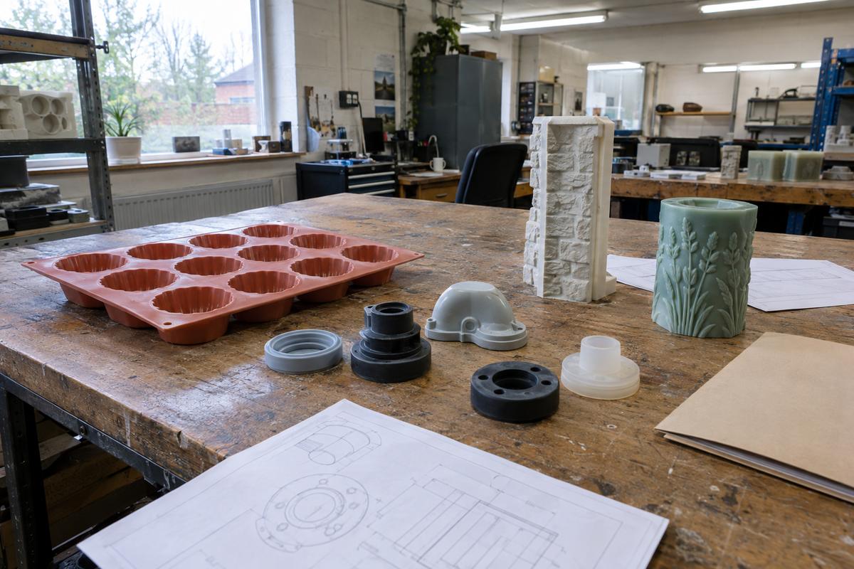 Mixed moulding samples and drawings on a workshop meeting bench