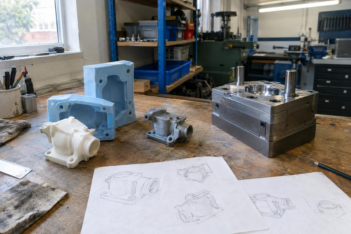 Prototype parts, early tooling and production tooling on one bench