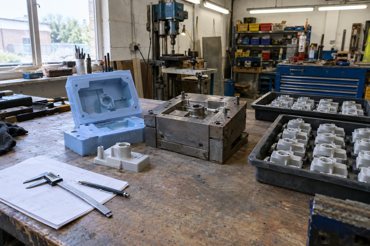 Workshop bench linking prototype parts to repeat production samples