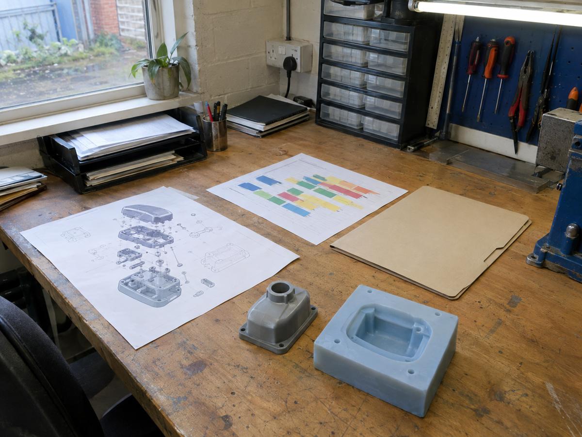 Planning bench with sample part, prototype mould and anonymous project paperwork