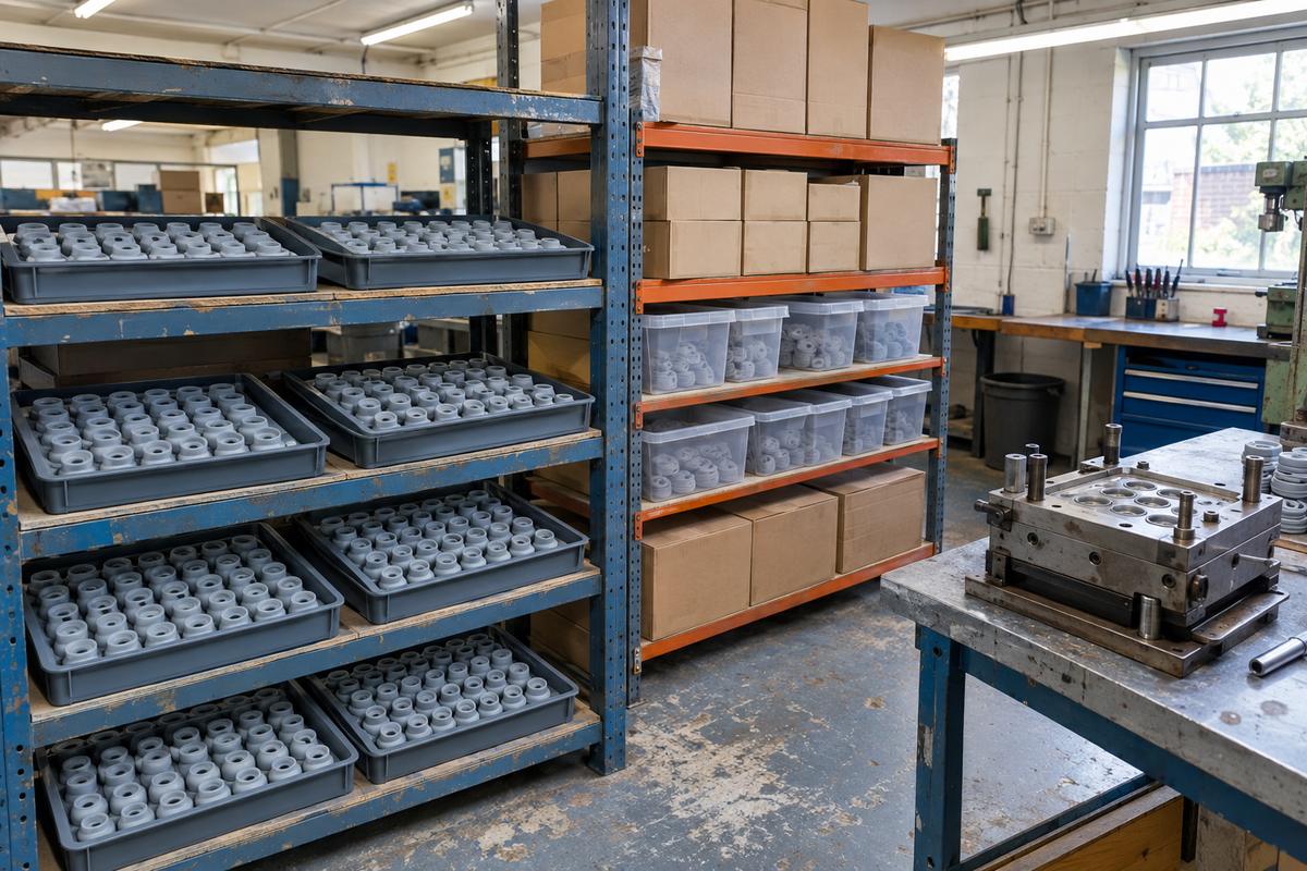 Repeat parts in trays with buffer stock and tooling nearby