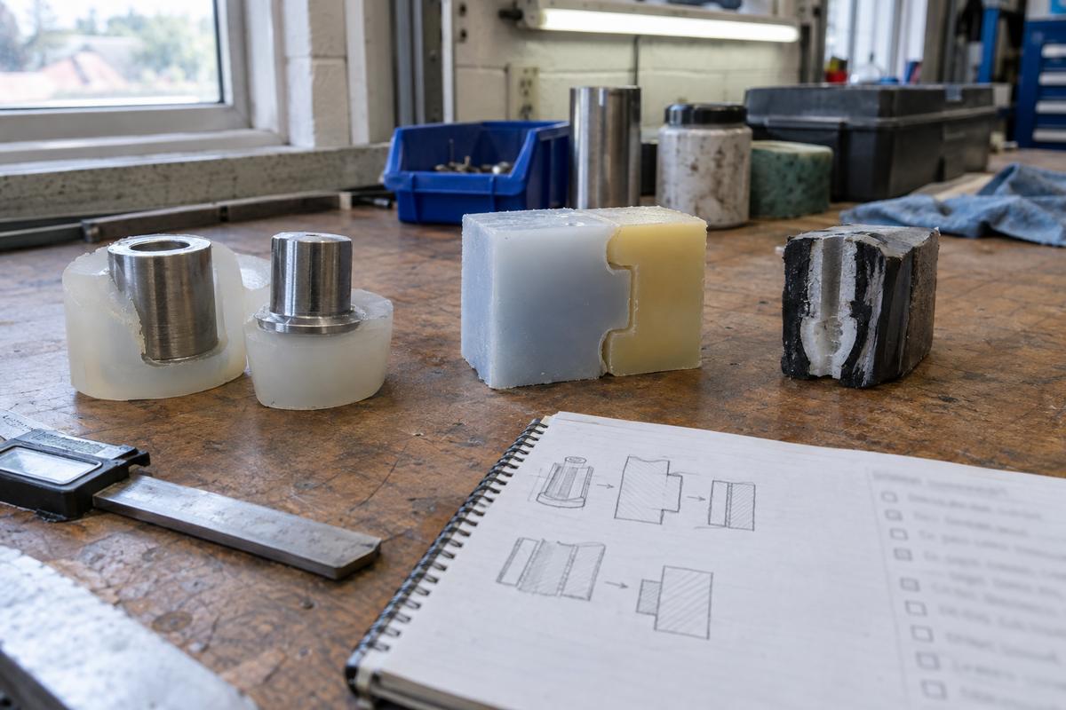 Paired material interface samples and witness pieces on a bench