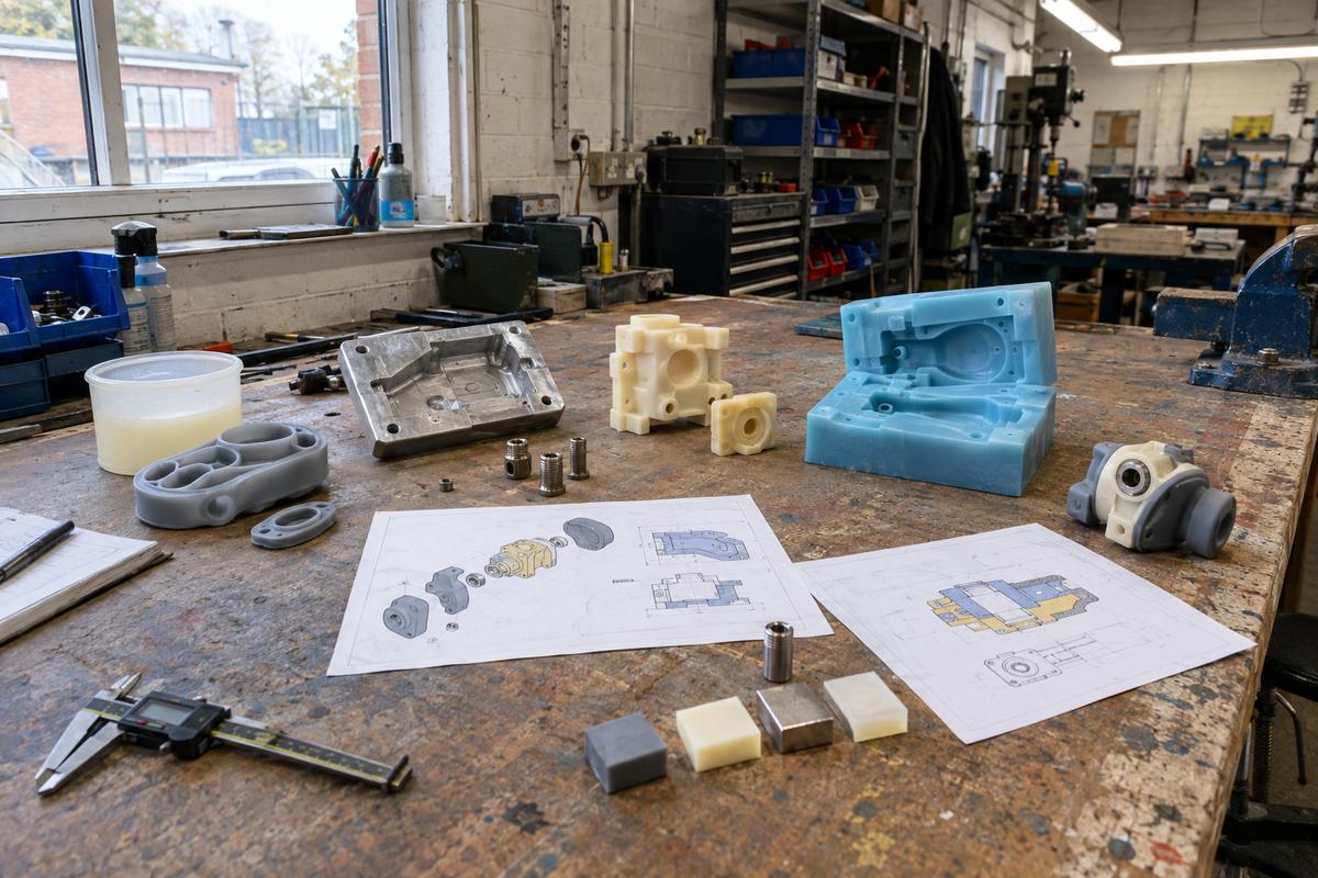 Silicone, polyurethane and metal parts coordinated on one workshop bench
