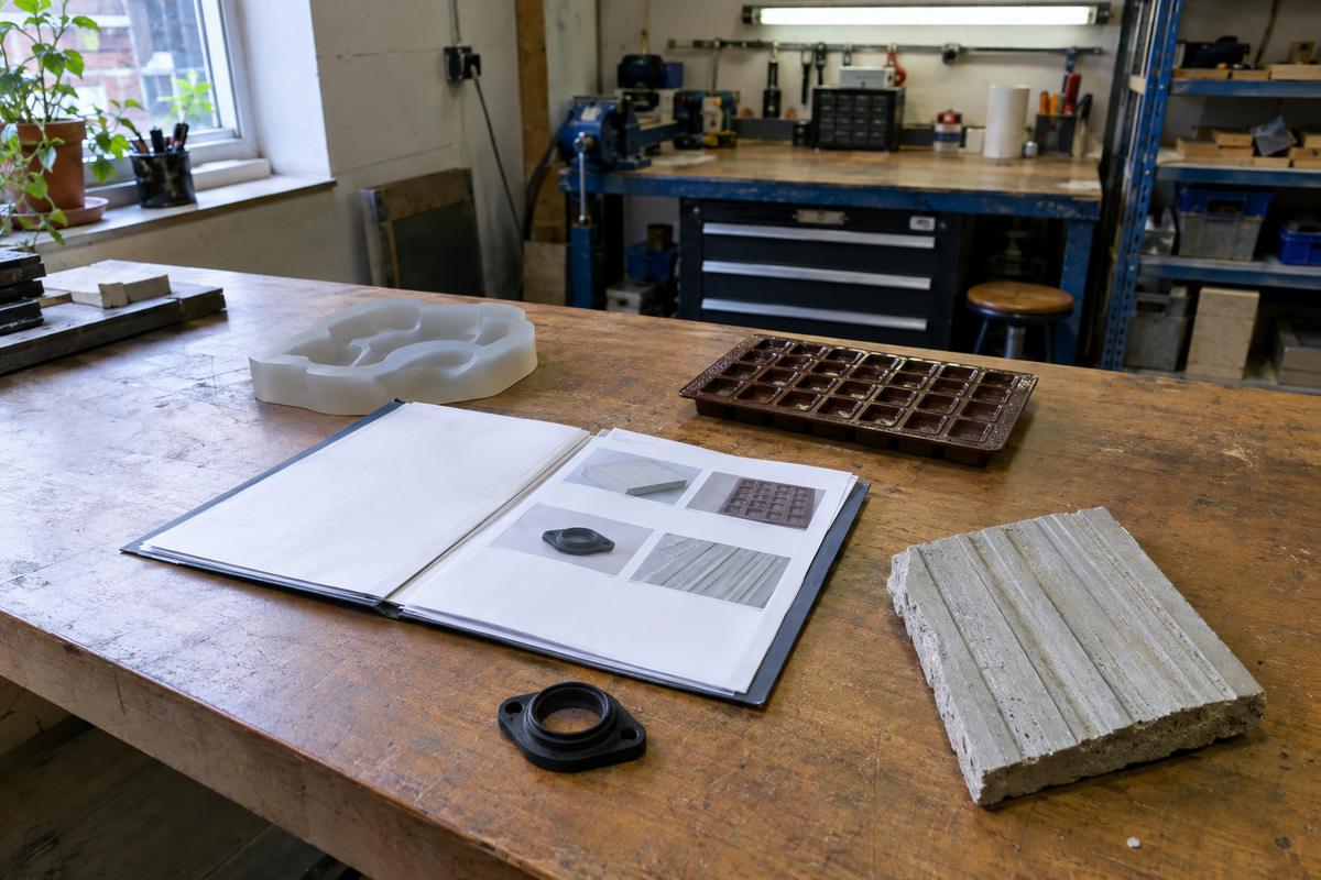 Open quotation folder surrounded by samples from four manufacturing divisions