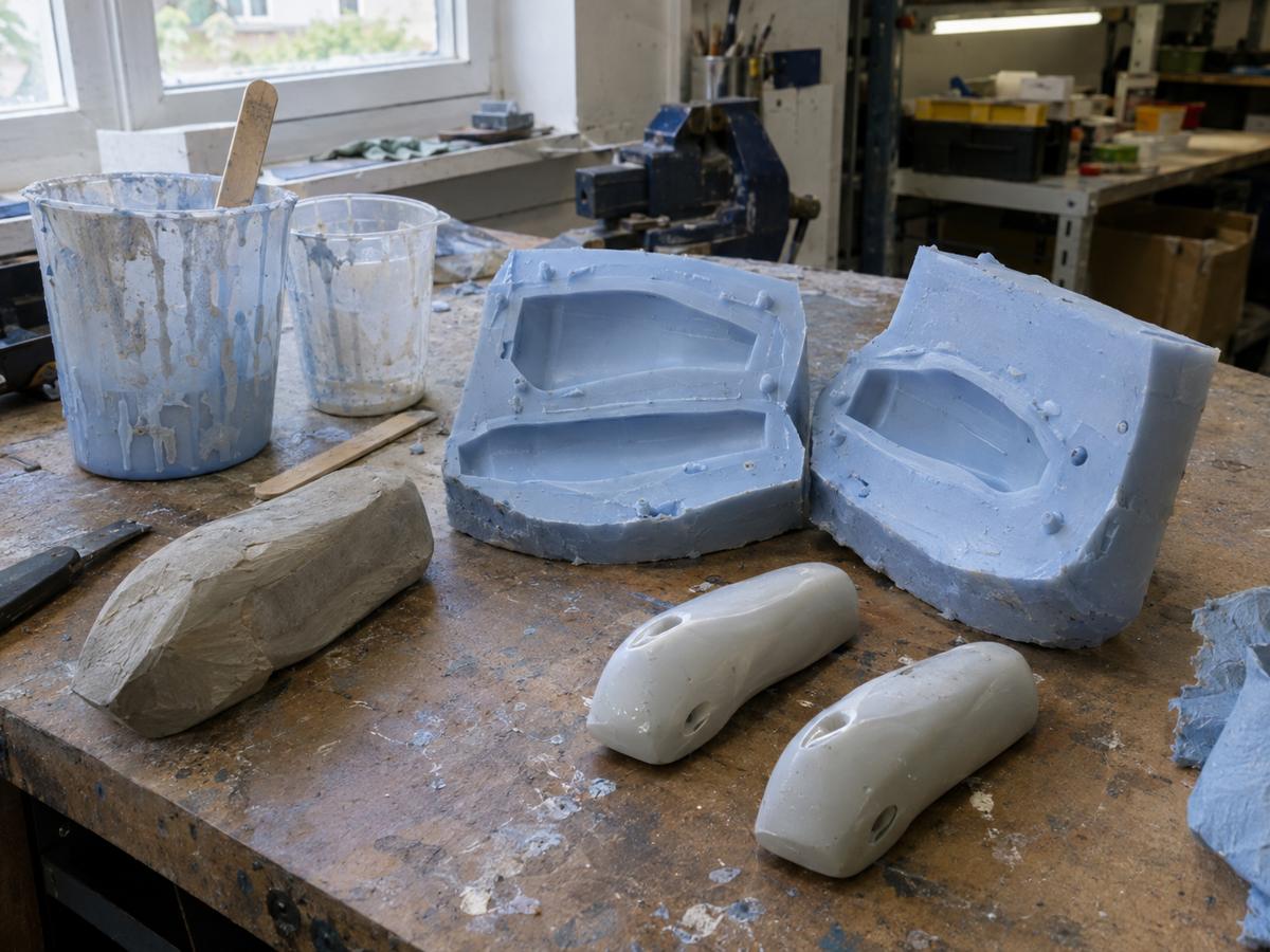 Hand-cast prototype stage with silicone mould and early sample parts