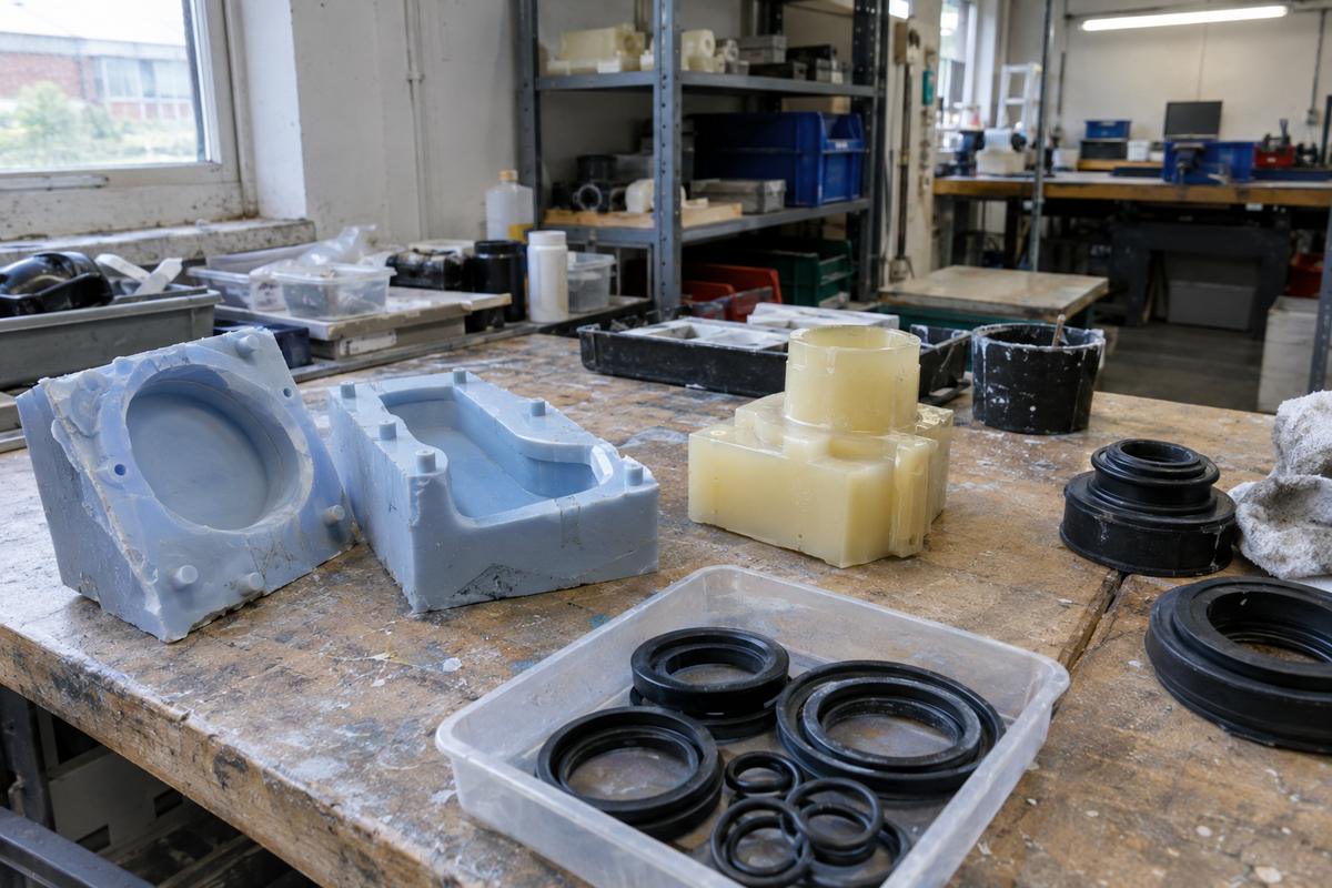 Workshop bench holding silicone moulds, polyurethane casting and rubber parts