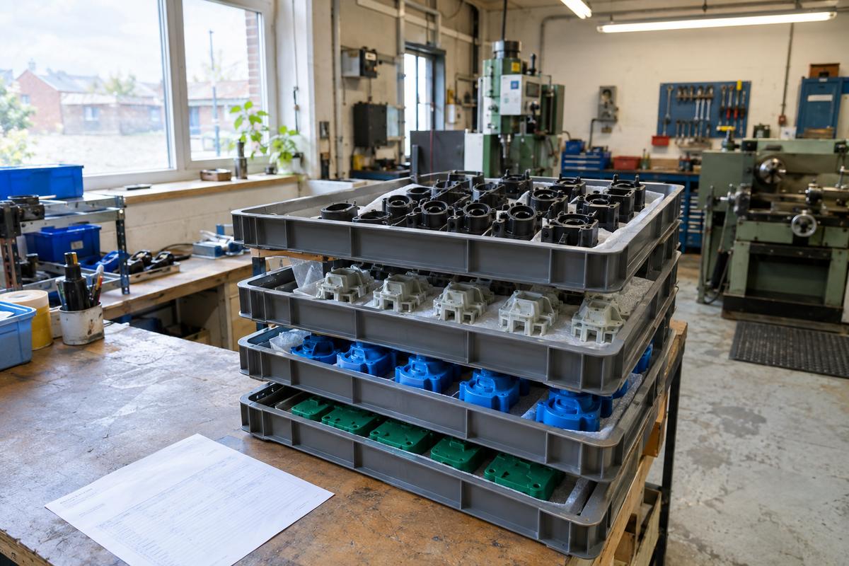 Mixed moulded parts packed together for supply from one workshop