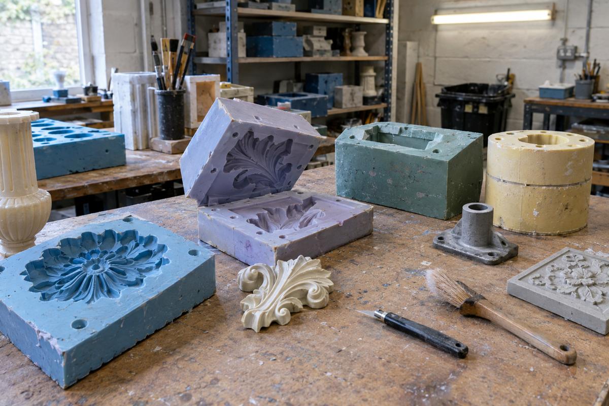 Custom silicone and polyurethane moulds on a cluttered workshop bench