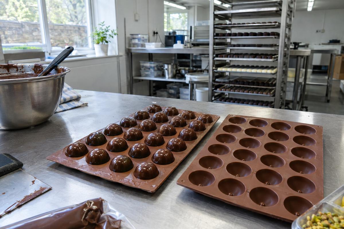 Food-grade silicone mould trays with chocolate pieces on a kitchen table