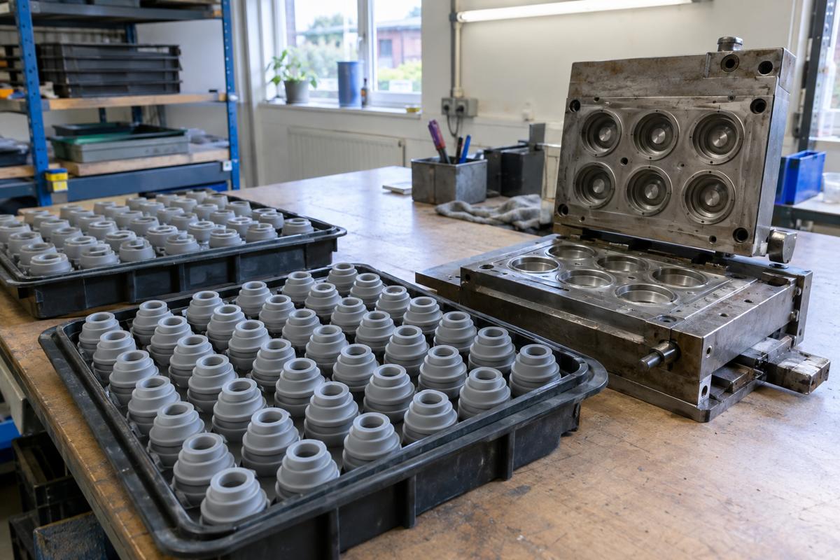 Repeat trays of finished silicone parts beside an opened tool