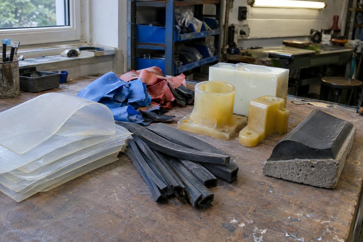 Bench samples showing several silicone, rubber and polyurethane material families