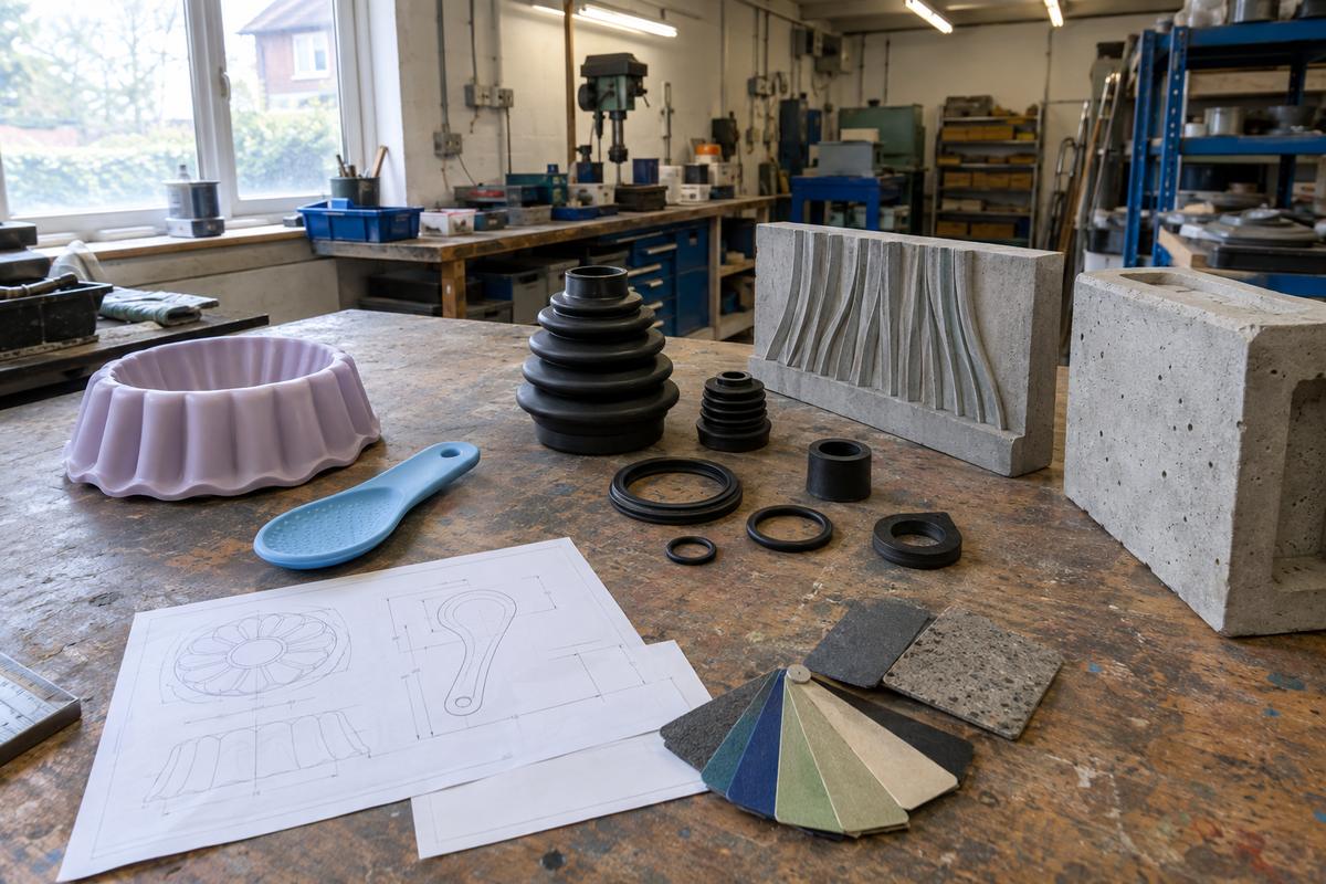Mixed silicone, culinary and construction samples on one workshop bench