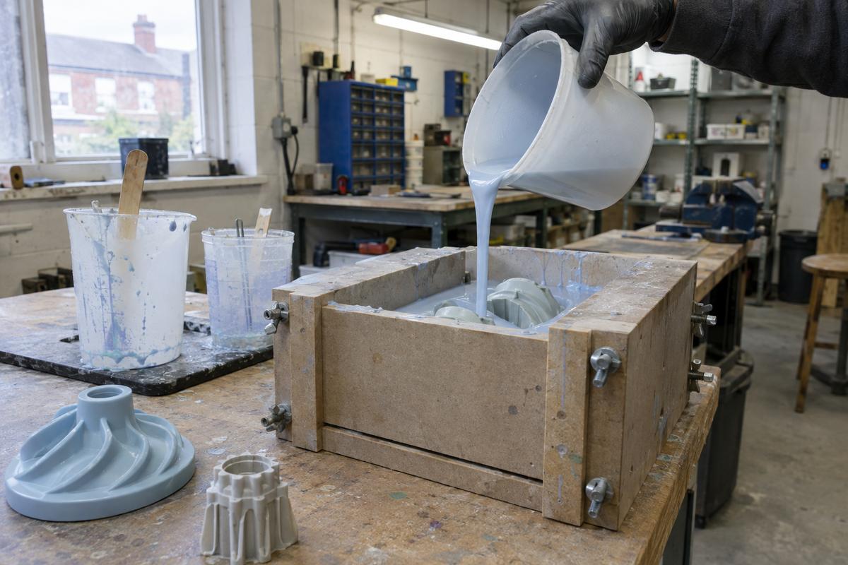 Silicone being gravity-poured into a two-part cast tooling frame