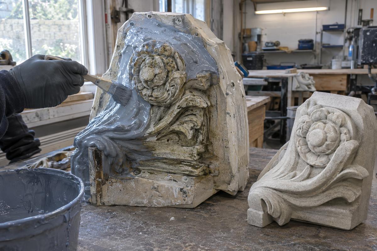 Brush-on silicone mould taken from an ornate stone feature