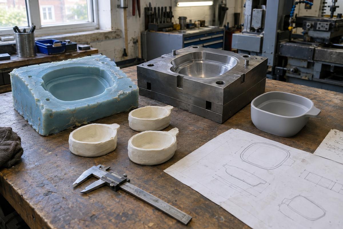 Prototype cast mould beside production tooling for the same homewares part