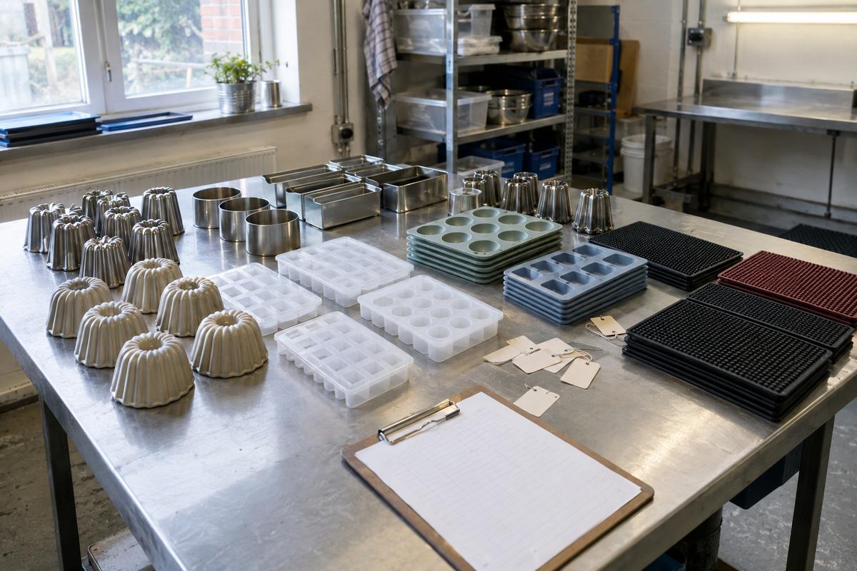 Grouped dessert, ice and bar moulds being standardised on a bench
