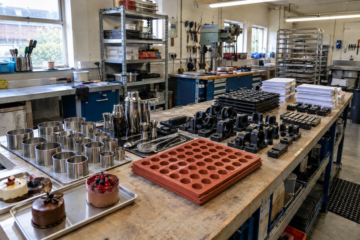 Hospitality moulds and related silicone parts arranged across a long bench