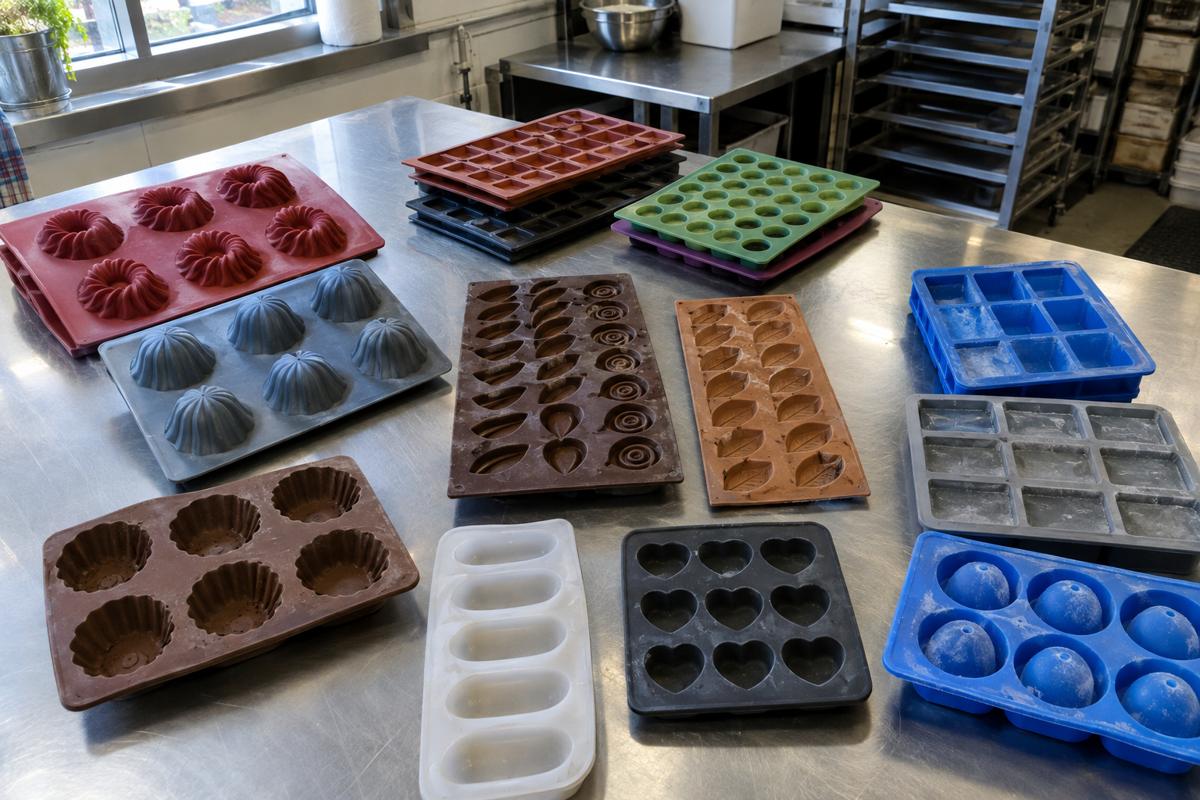 Assorted silicone dessert, chocolate and ice moulds laid out for review