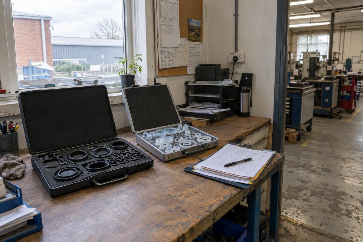 Sample cases with silicone and nitrile parts beside consolidated paperwork