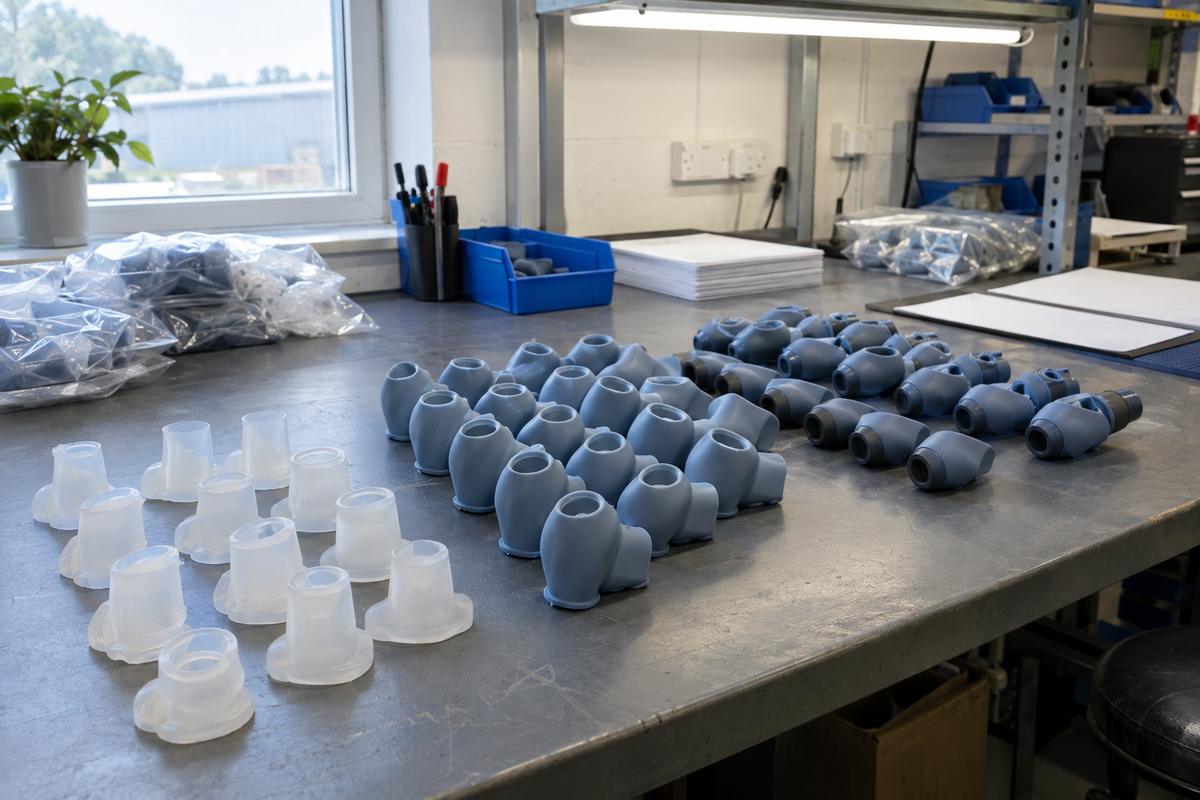 Prototype and production silicone medical parts shown as one material sequence