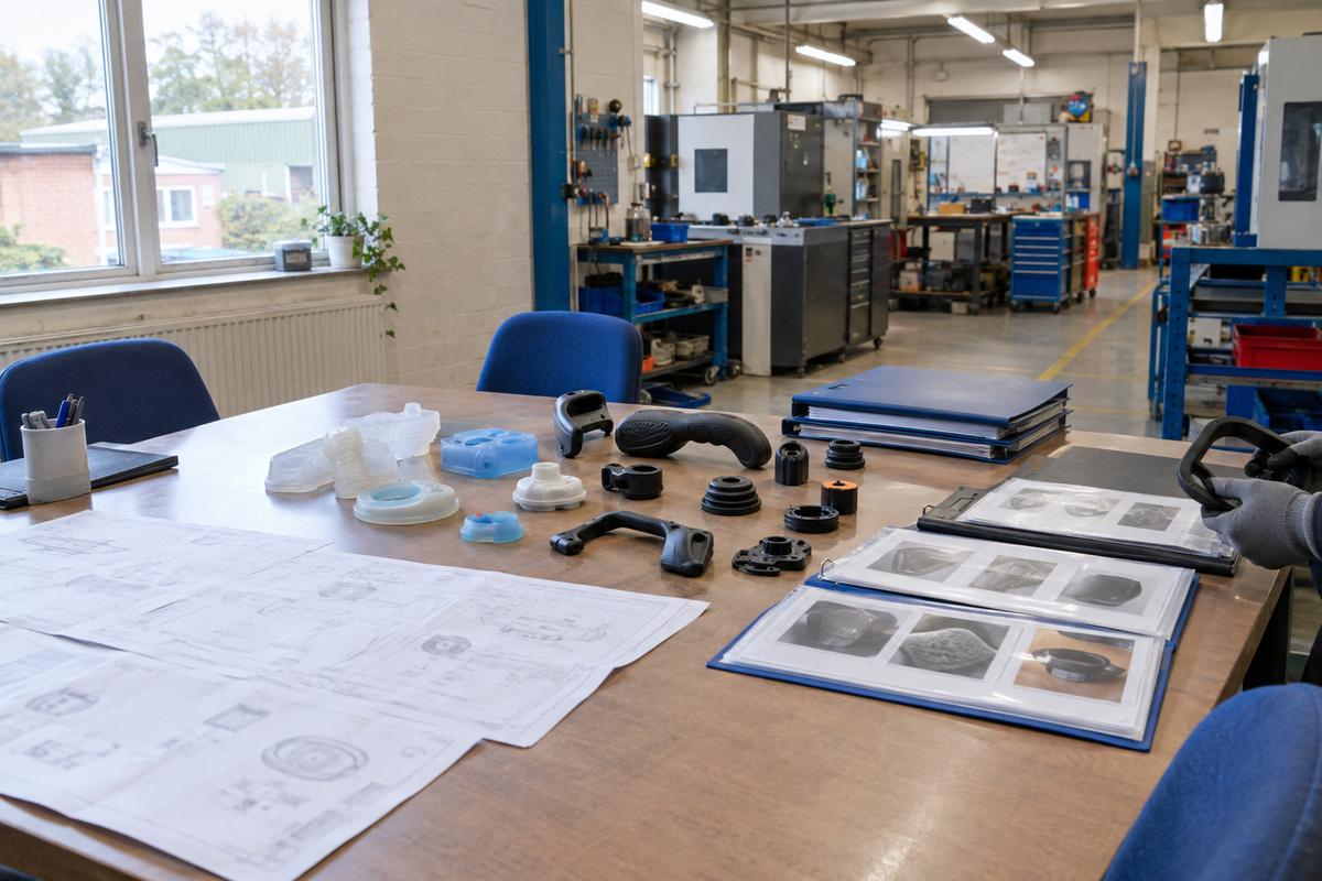 Meeting table with prototypes, finished parts and shared quality documents