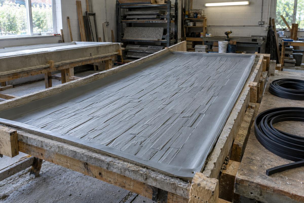 Textured silicone formliner laid into a mould bed with EPDM gaskets nearby