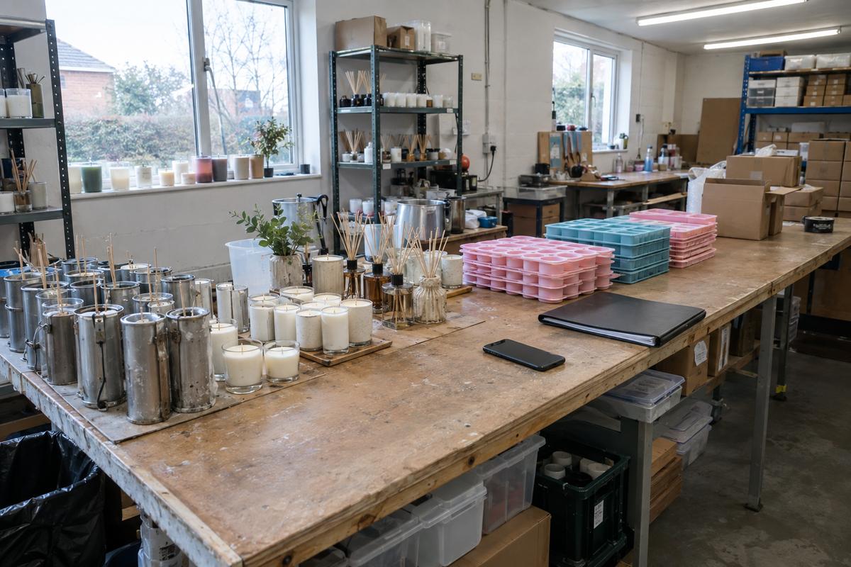Workshop bench holding candle moulds and food-safe silicone trays