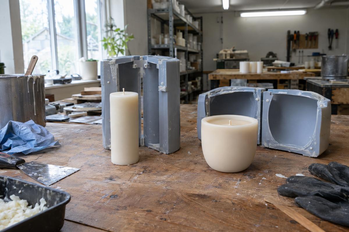 Two custom silicone candle moulds with finished candles on a workshop bench