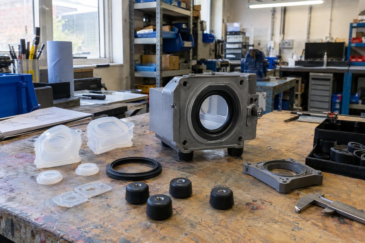 Prototype parts, finished seals and mating component arranged for test fit