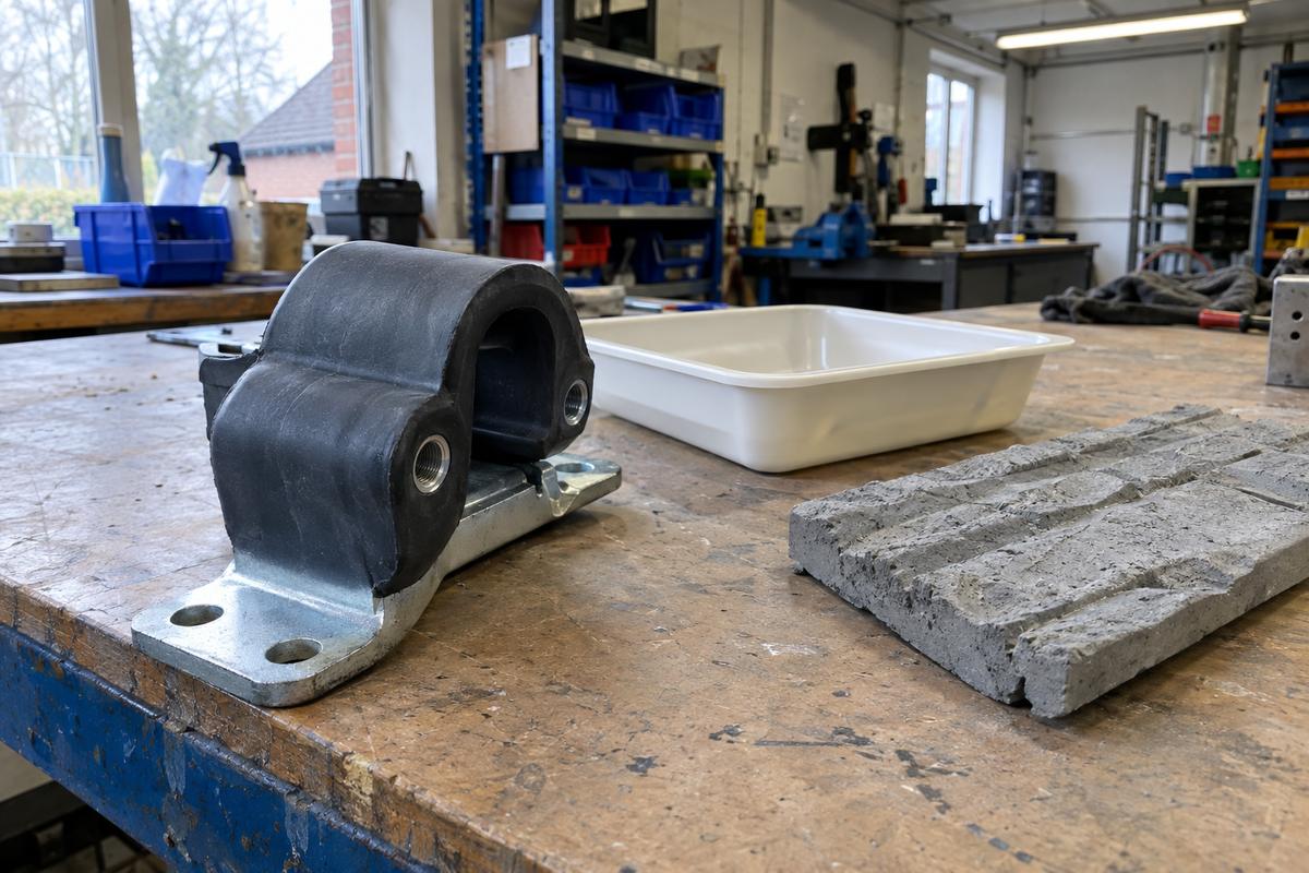 Cross-division samples including bonded insert part, tray and formliner on bench