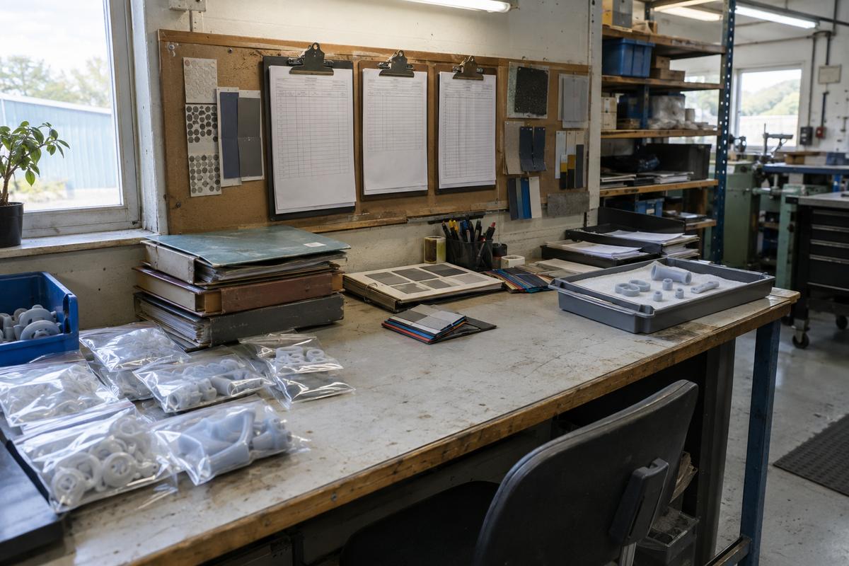Quality paperwork, sample parts and archived records arranged on factory desk