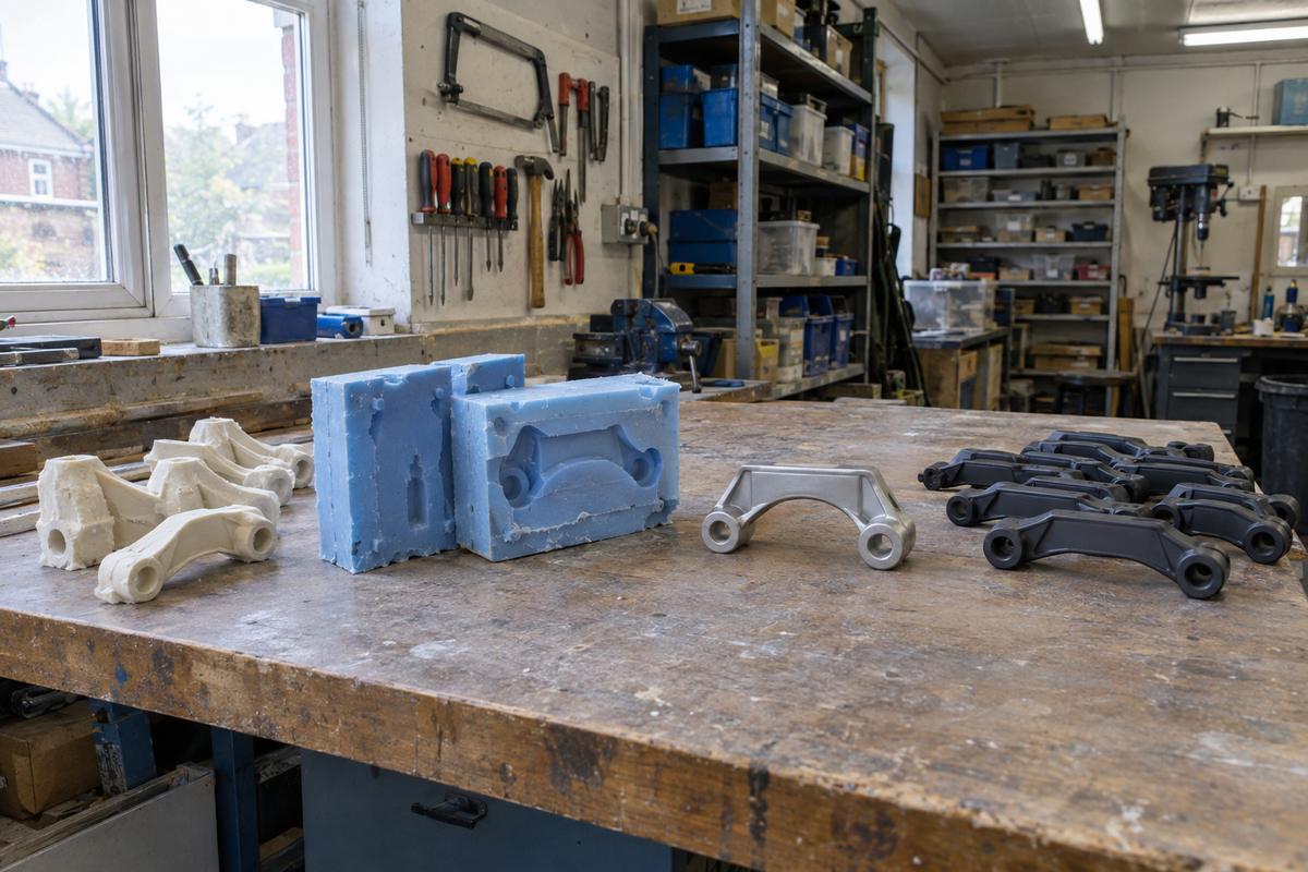 Bench showing progression from prototype moulds to production-ready parts