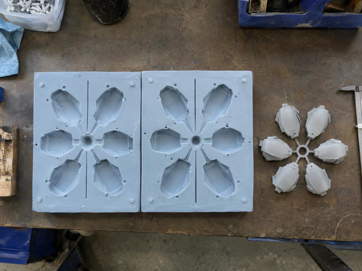 Opened multi-cavity silicone mould with balanced feed and matching parts
