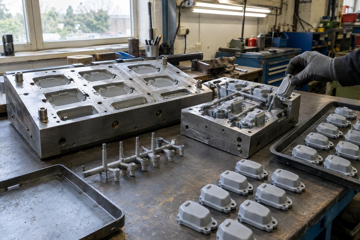 Cavity layout bench with active tool section, vents and demoulded parts