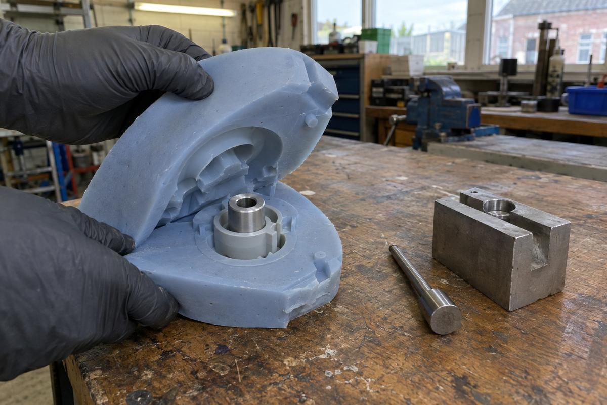 Flexible silicone mould peeling off an undercut part around metal insert