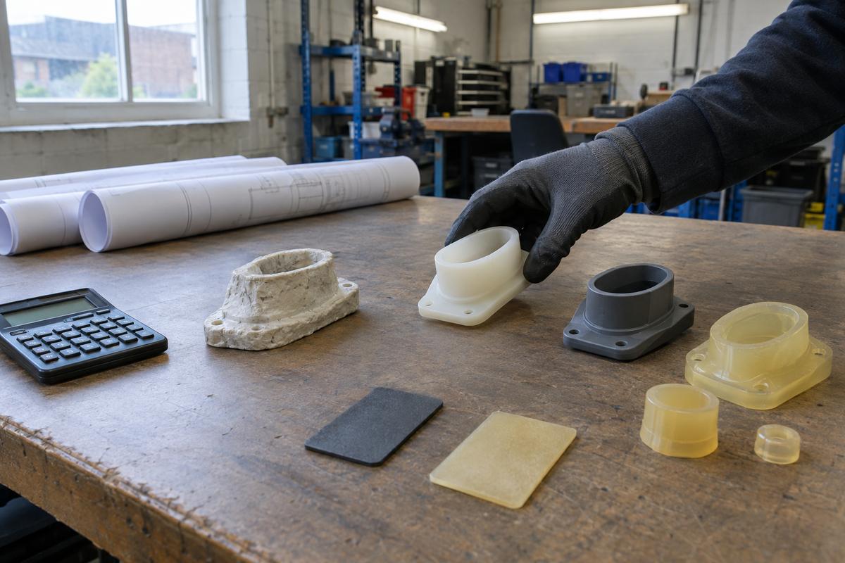 Meeting table with sample parts comparing materials and production routes