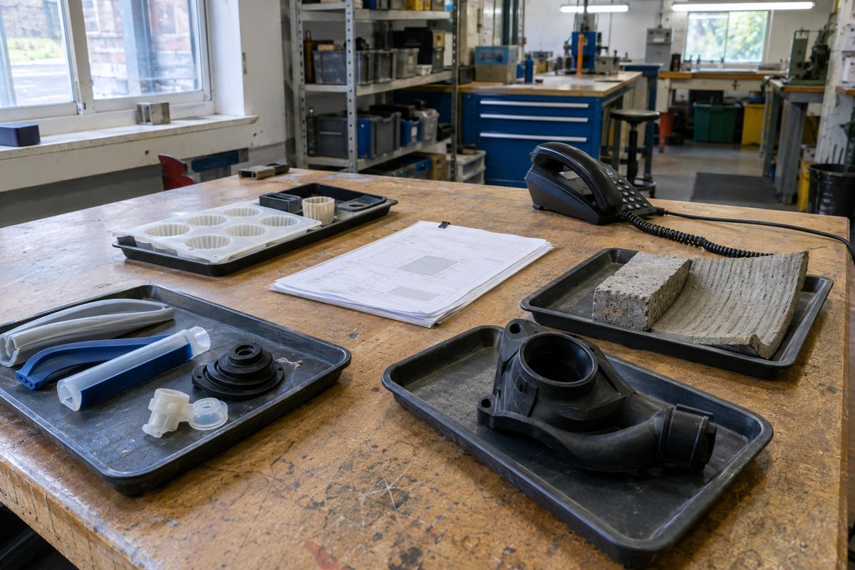 Mixed sample parts and job pack on workshop meeting bench