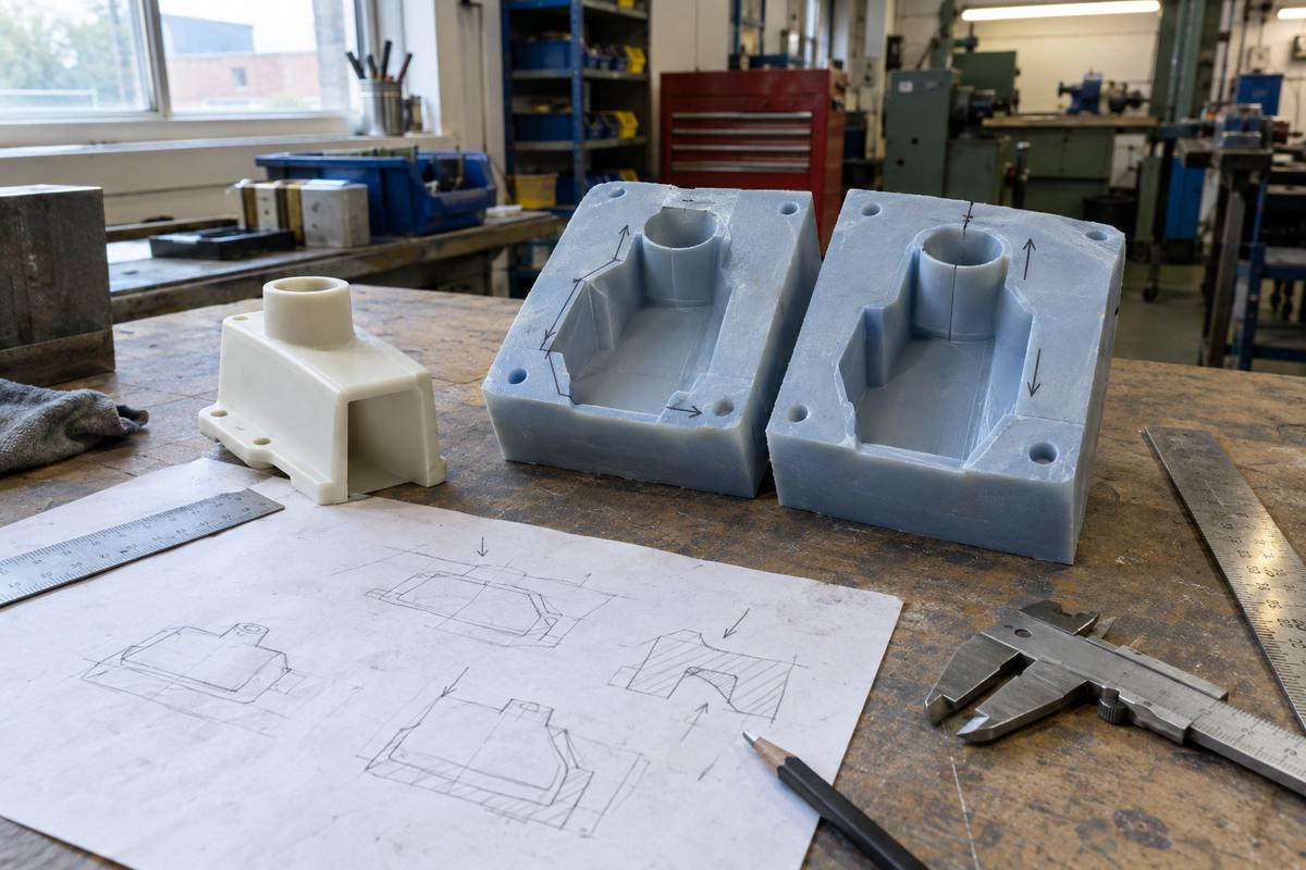 Prototype part beside split mould showing draft and parting line