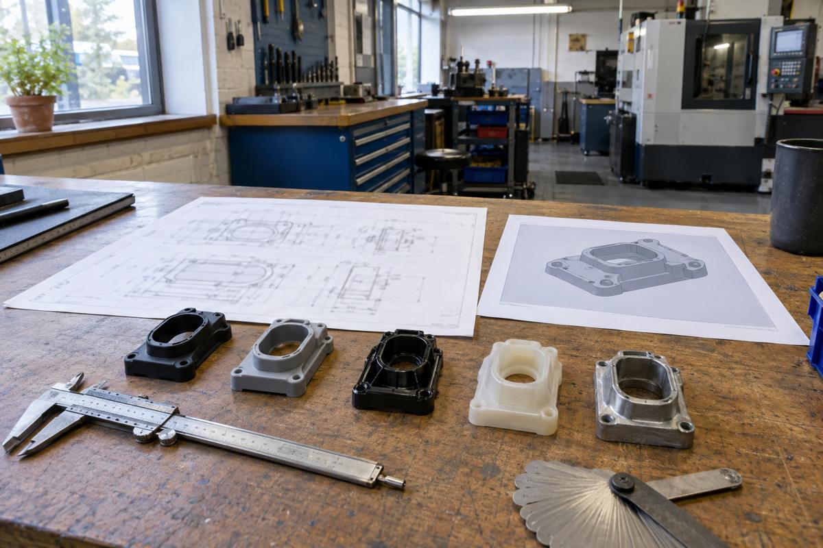 Drawings and sample moulded parts laid out for manufacture review