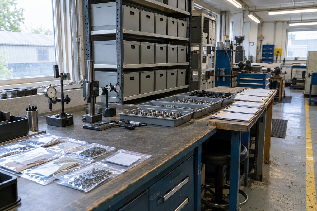 Quality station with archived boxes, sample trays and inspection tools