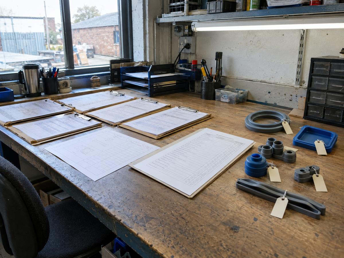Plain quality paperwork and sample parts on a workshop bench