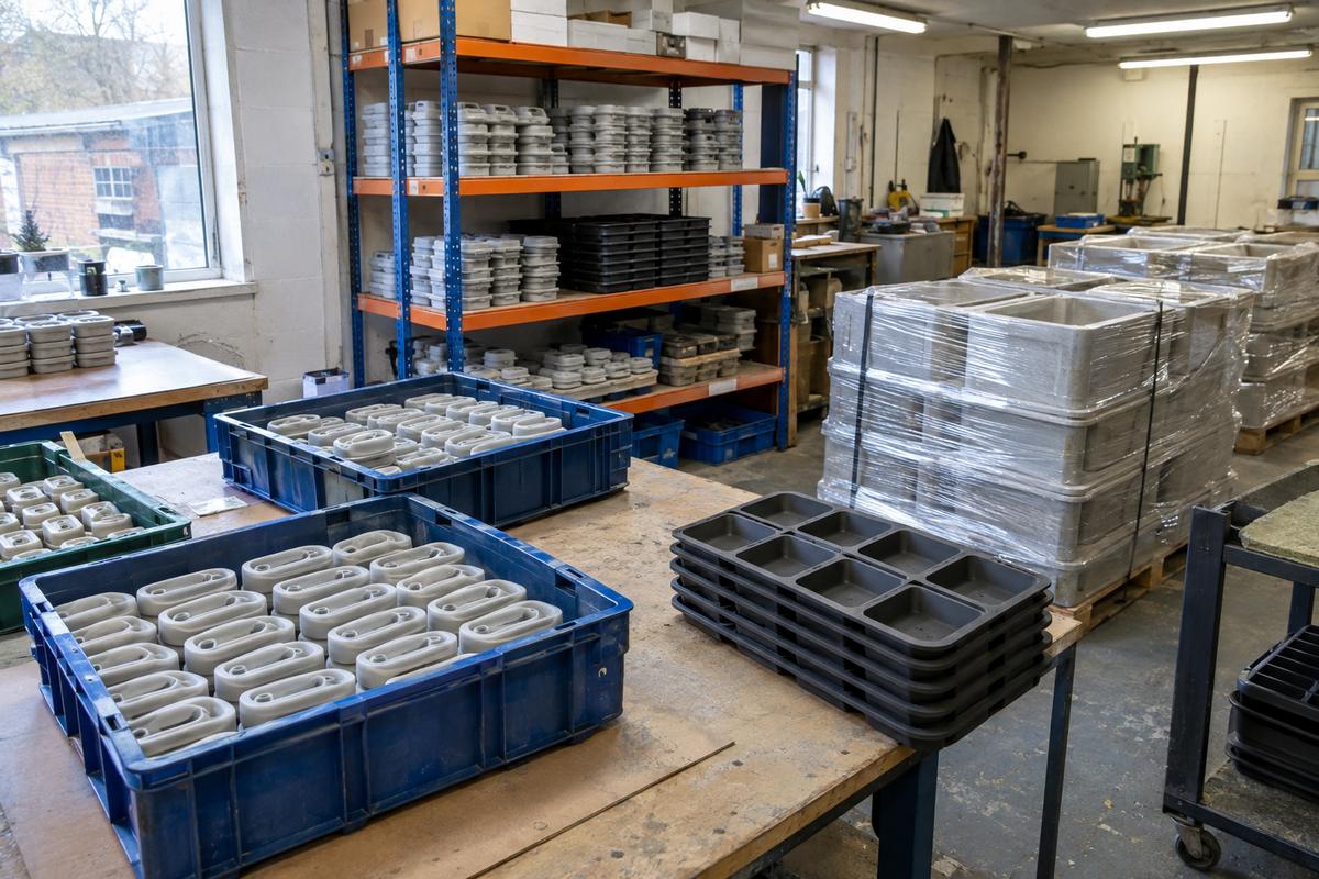 Repeat parts staged in totes with buffer stock on shelves