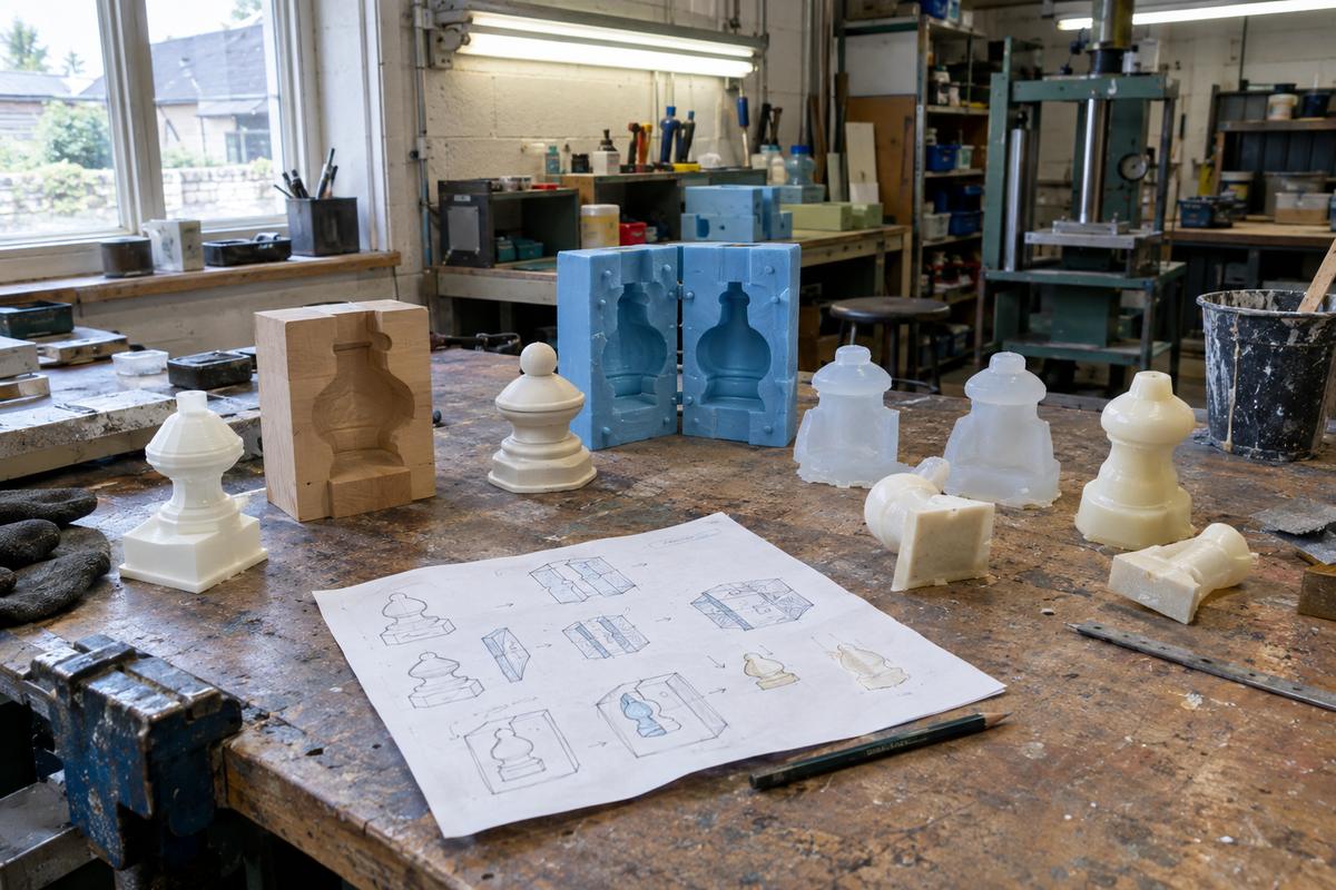Prototype development stages shown with masters, mould and cast sample parts