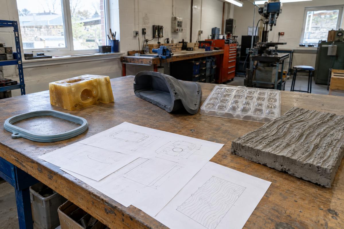 Mixed moulded samples and drawings on a workshop planning bench