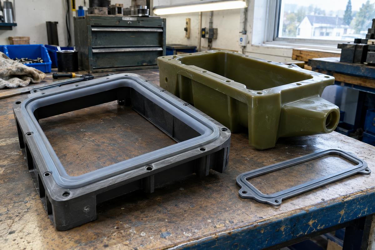 Mixed-material assembly with silicone seal and matched moulded parts
